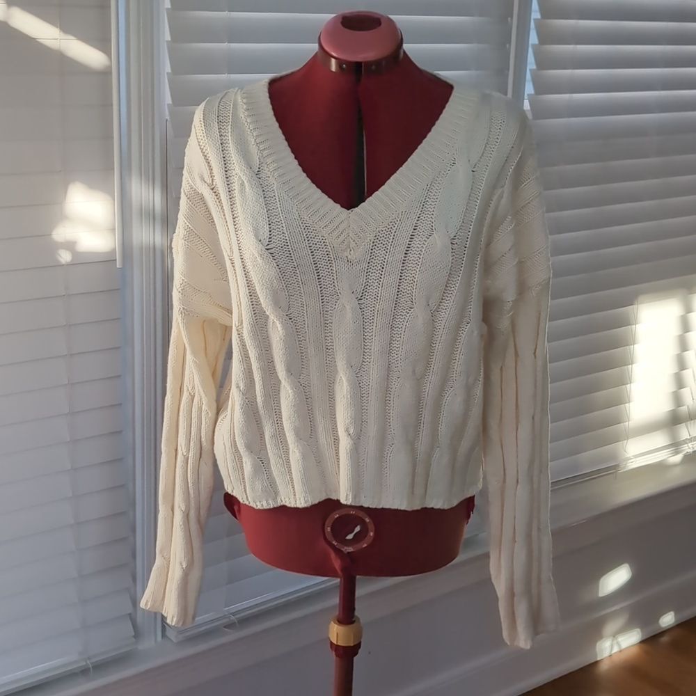 Madewell Cable Knit V-Neck Sweater Preppy Academia Collegiate Varsity Fisherman